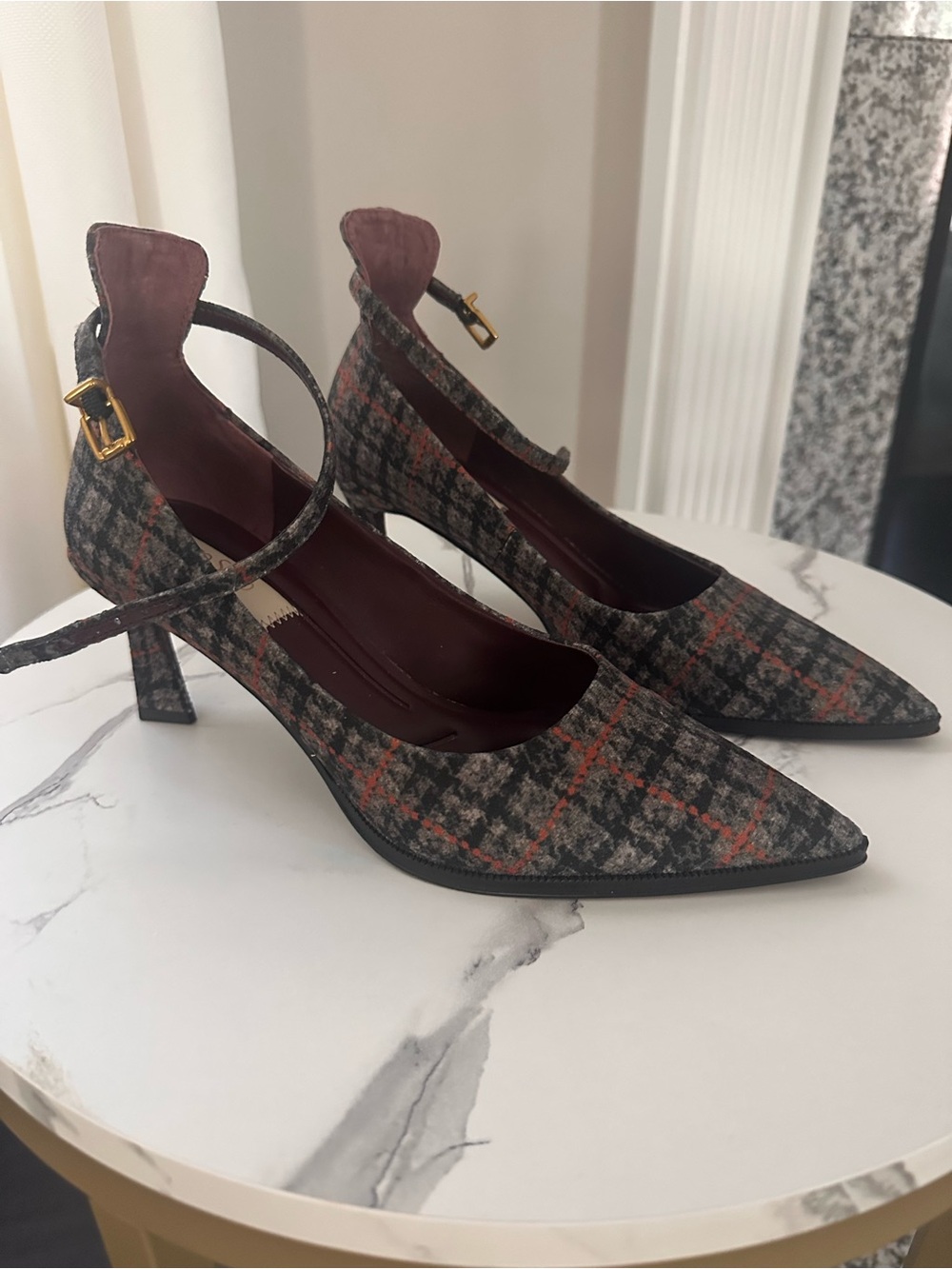 Womens Gray Plaid Ankle-Strap Pointed-Toe Heels